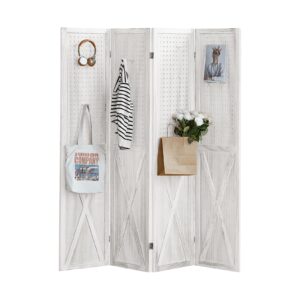 leesinwing 4 panel pegboard display, 5.6ft wood room dividers and folding privacy screens, peg board room divider, portable display board organizer for art, jewelry, crafts display racks, off white