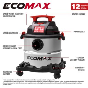 ECOMAX Wet Dry Vac 5 Gallon, 4 Peak HP, Portable Stainless Steel Shop Vacuum Wet/Dry with Powerful Suction-85 CFM, 3-in-1 Wet/Dry/Blow, Shop Vacuum for Home, Workshop, Jobsite, EM18115