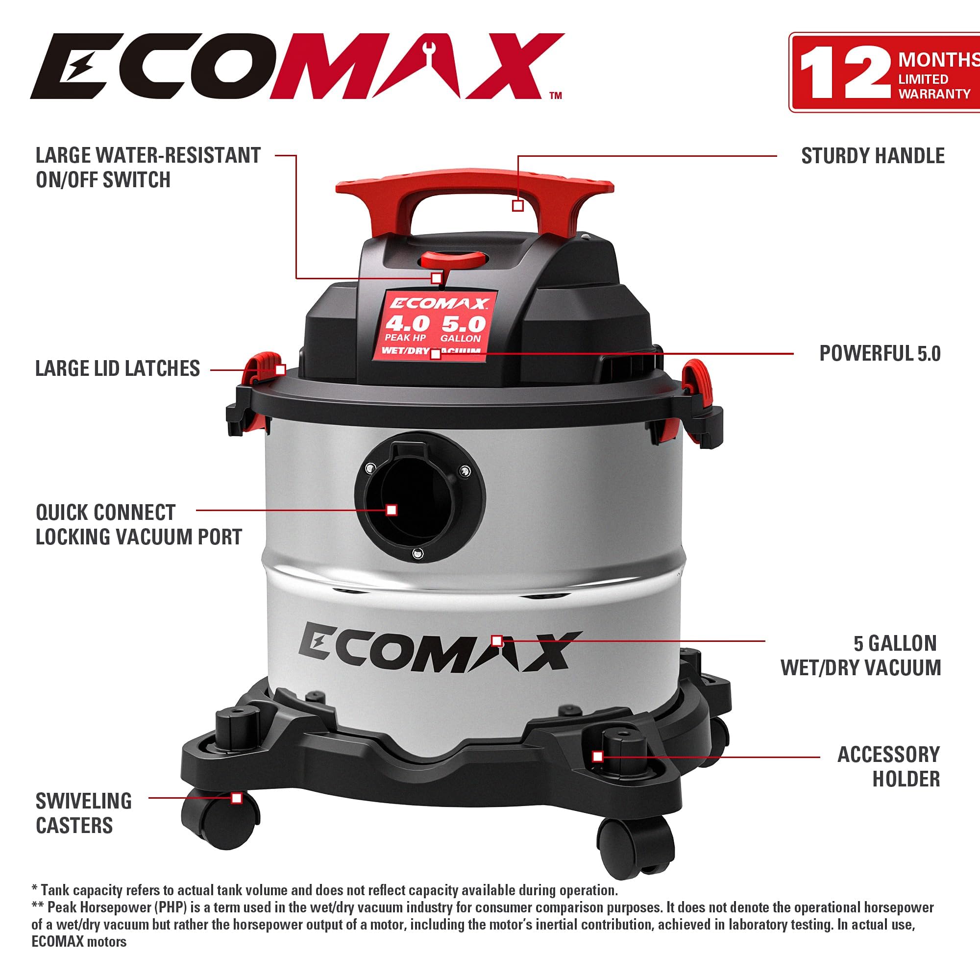 ECOMAX Wet Dry Vac 5 Gallon, 4 Peak HP, Portable Stainless Steel Shop Vacuum Wet/Dry with Powerful Suction-85 CFM, 3-in-1 Wet/Dry/Blow, Shop Vacuum for Home, Workshop, Jobsite, EM18115