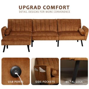 DURASPACE Velvet Sectional Convertible Sofa with Chaise, 106.5" L Shape Sectional Sofa Couch with USB, Split Back Folding Futon Couch for Living Room (Caramel Brown)