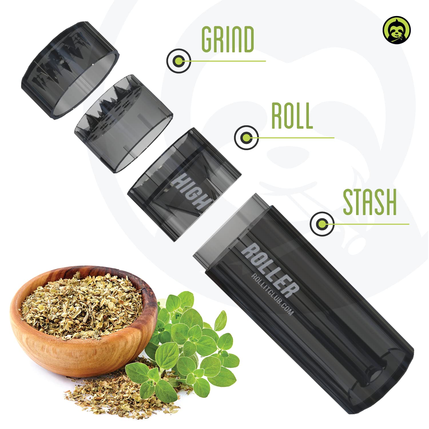 CLEAR HIGHROLLER Herb Grinder & Cone Loader | Portable Pre Roll Cone Filler | Grey