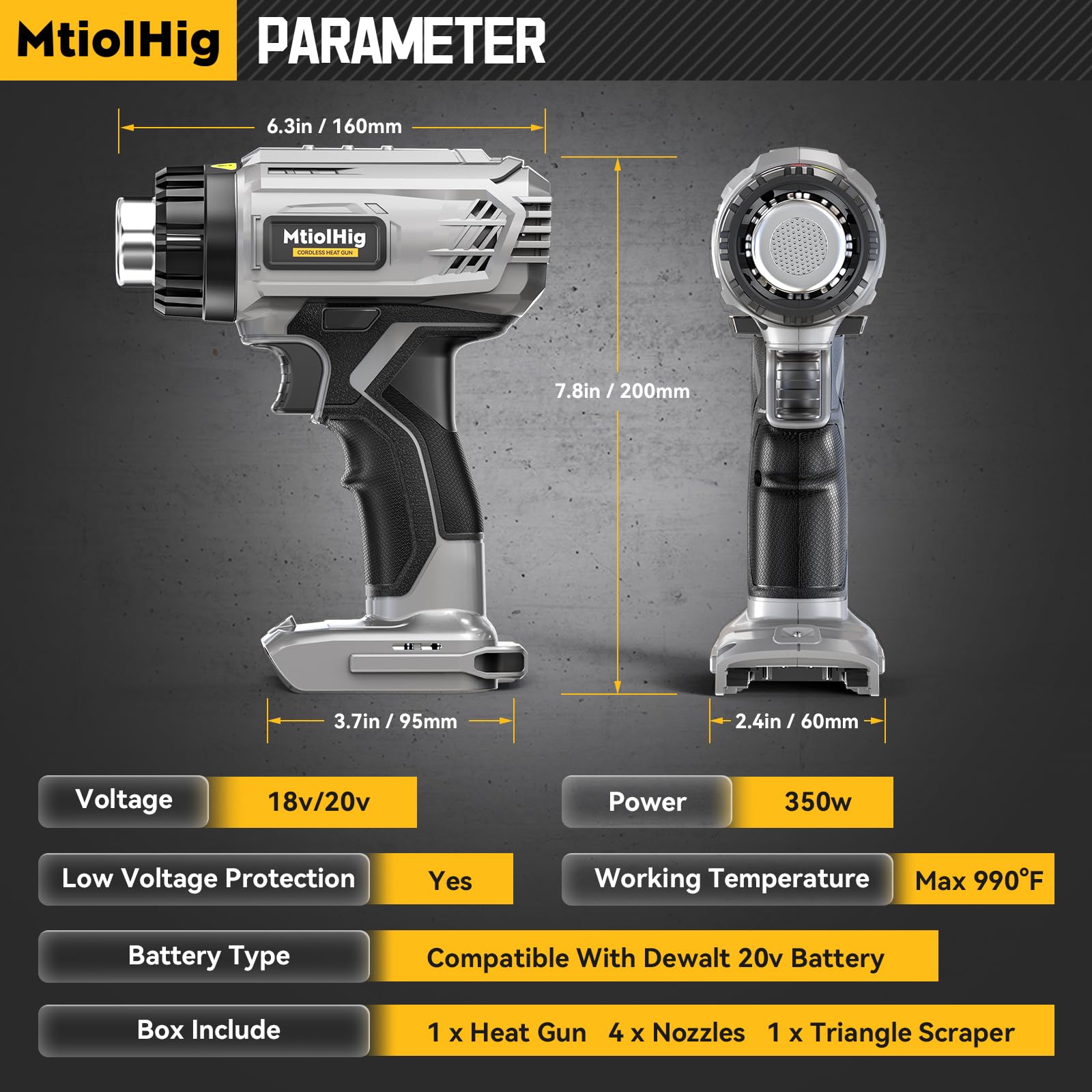 Cordless Heat Gun for DeWALT 20v/18v Battery, 350W Rated 990°F Heavy Duty Hot Air Gun Kit, Heat Gun Tool with 4pcs Nozzles&Scraper for Crafts, Shrink Wrap, Wire Connection(Do NOT Include Battery)