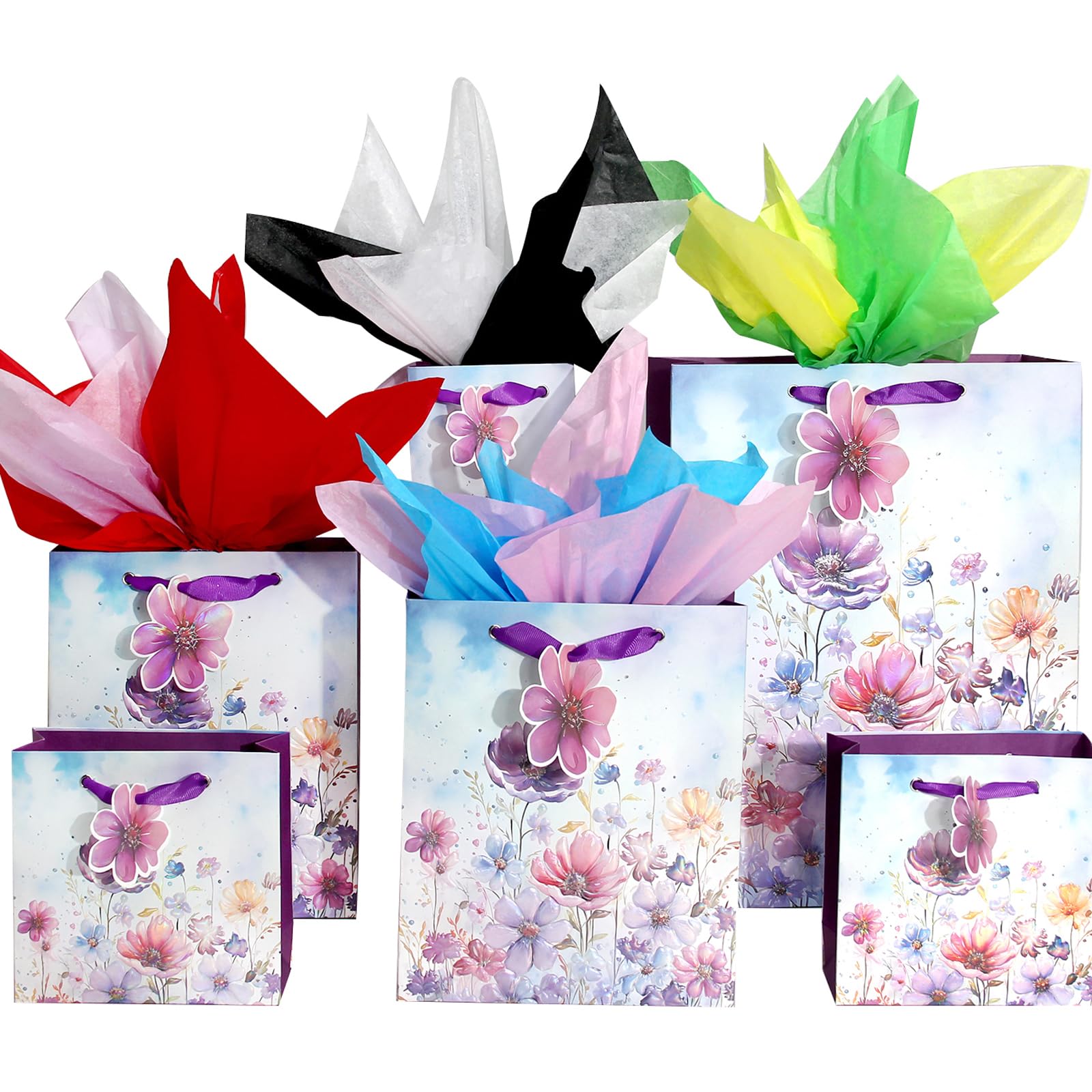 6 Pack Purple Flowers Pattern Embossed Paper Gift Bag with Handles, Assorted Paper Bags with 8 Pcs Tissue Paper for Girls/Women Baby Shower, Celebrations,Birthday,Wedding and Any Occasions