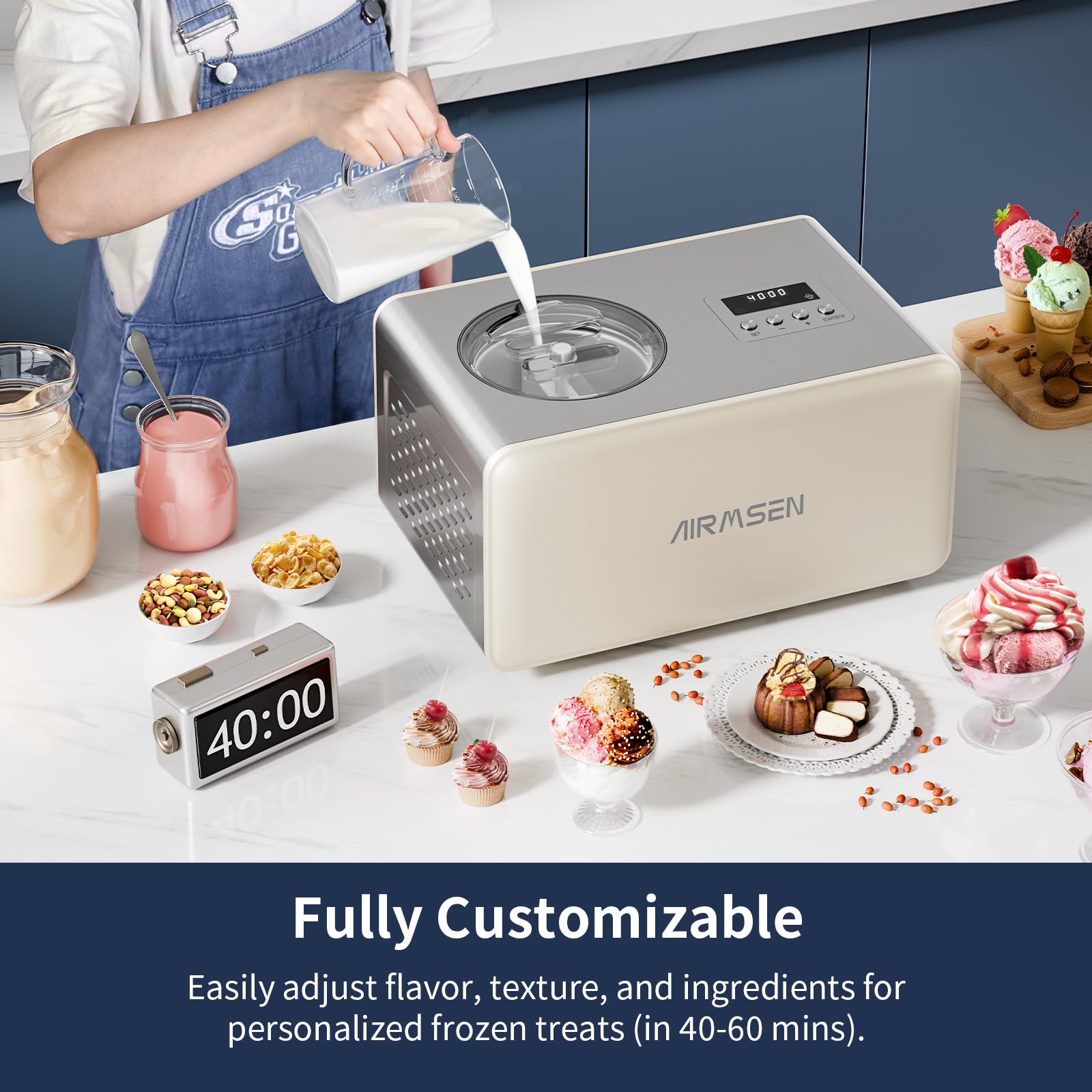 AIRMSEN 2.1-Quart Ice Cream Maker Machine with Built-in Compressor, No Pre-Freezing Required, Fully Automatic Frozen Treats Maker with LED Display & Timer, 72-Minute Cooling Function, Stainless Steel