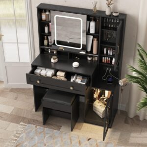 Vabches Vanity Desk with Sliding Mirror and Lights, 41.8'' Black Makeup Vanity Table with Jewelry Storage & Charging Station, Stool, Large Drawer, Visual Cabinet, 3 Lighting Modes, Adjustable Shelves