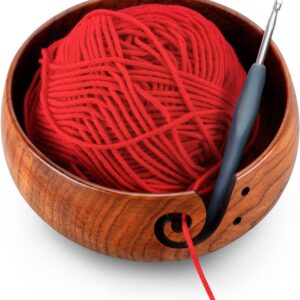 Wooden Yarn Bowl with 8Pcs Metal Crochet Hooks, Knitting Yarn Bowl with Holes Storage Handmade to Prevent Slipping, Perfect Yarn Holder Bowl for Crocheting and Knitting Mother's Day Gift 6" x 3"