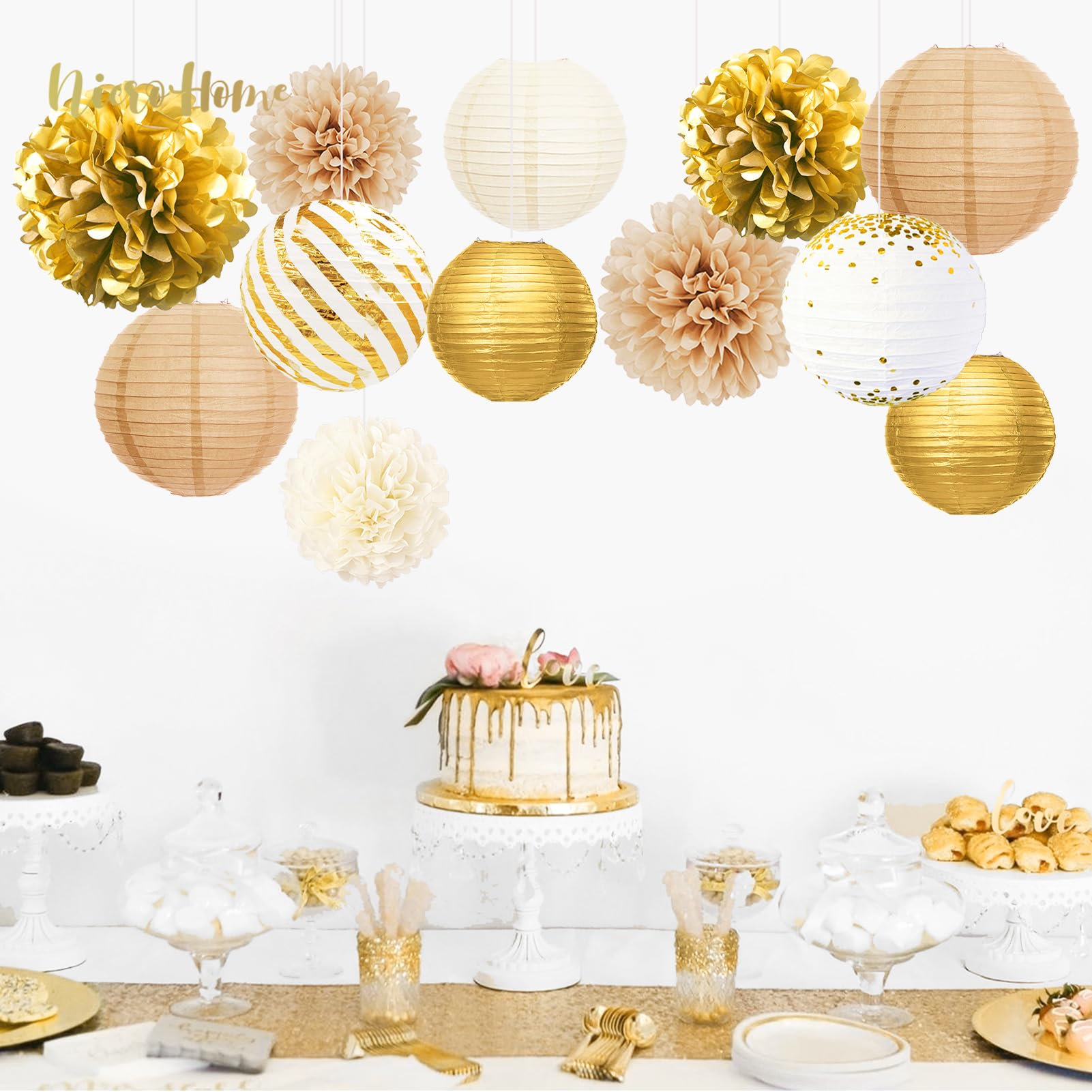 NICROHOME Gold and White Party Decorations, 12 PCS White Gold Champagne Tissue Paper Pom Poms and Lanterns for Birthday Graduation Baby Shower Bridal Prom Festival Decorations and Party Decor