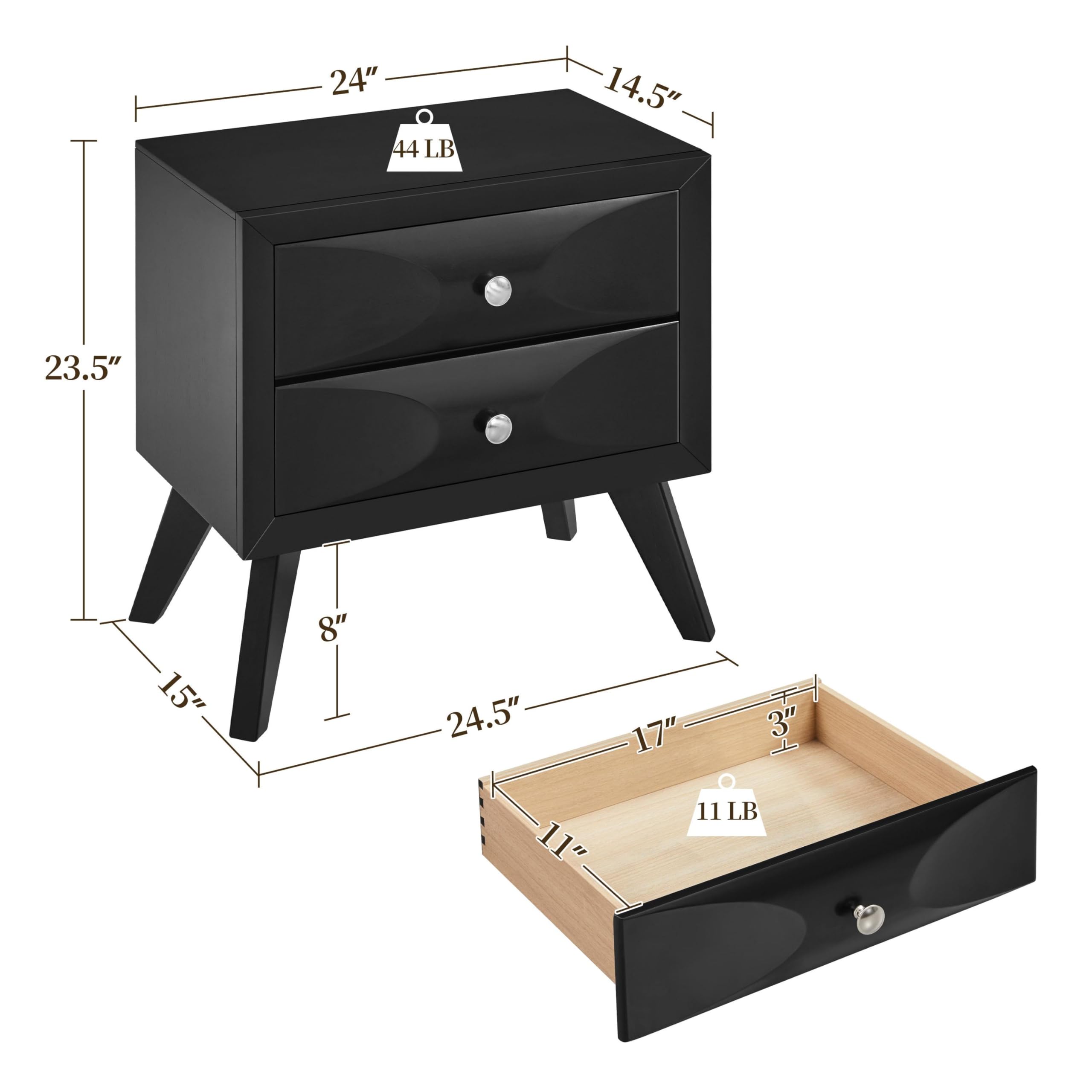 Yaheetech Nightstands Set of 2, Almost Fully-Assembled Nightstands with 2 Drawers and Solid Wood Legs, Large Bedside Tables with Storage, Modern Side Tables for Bedroom, 24.5″L×15″W×23.5″H, Black