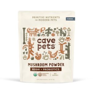 cave pets, super blend powder, mushroom mycelium and dog probiotic supplement for immunity and digestive health support, reishi & probiotics, 90 servings