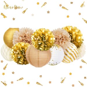 NICROHOME Wedding Decorations, 12 PCS Gold White Party Tissue Pom Poms Paper Lanterns and Confetti 50G Set for Bridal Shower Wedding Decoration Birthday Festival Celebration Deco