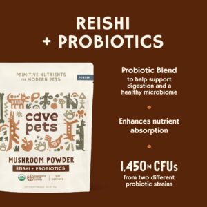 Cave Pets, Super Blend Powder, Mushroom Mycelium and Dog Probiotic Supplement for Immunity and Digestive Health Support, Reishi & Probiotics, 90 Servings