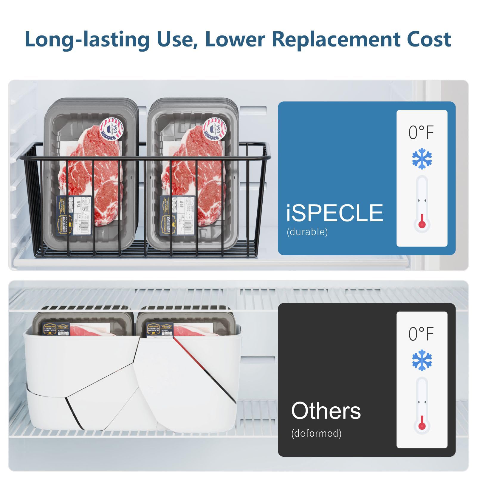 iSPECLE Upright Freezer Organizer Bins - 6 Pack Small Stand Up Freezer Baskets for 13 cu.ft Freezer, Get Food Easily, Freeze Efficiently with Air Circulation Stop Food Fall out from Freezer, Black