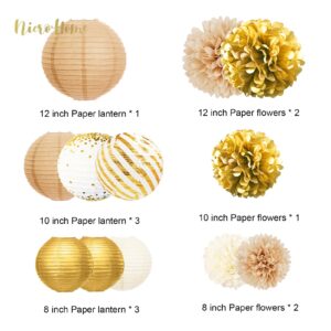 NICROHOME Gold and White Party Decorations, 12 PCS White Gold Champagne Tissue Paper Pom Poms and Lanterns for Birthday Graduation Baby Shower Bridal Prom Festival Decorations and Party Decor