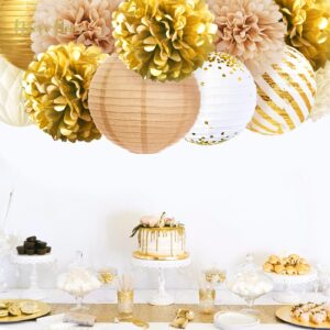 NICROHOME Wedding Decorations, 12 PCS Gold White Party Tissue Pom Poms Paper Lanterns and Confetti 50G Set for Bridal Shower Wedding Decoration Birthday Festival Celebration Deco