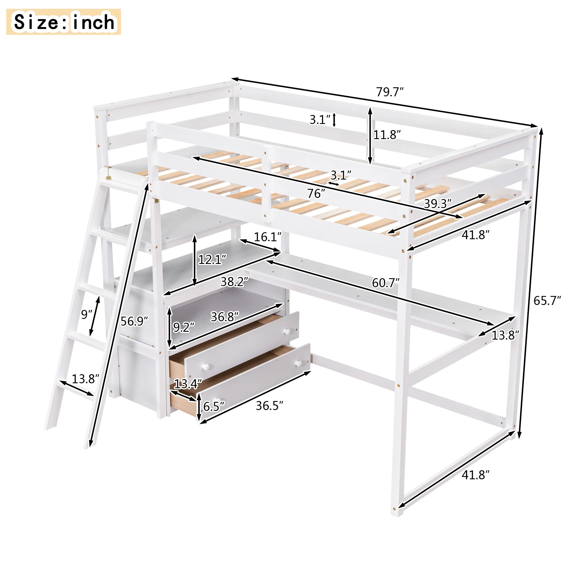 MERITLINE Twin Loft Bed with Desk and Storage, Wooden Loft Bed Twin with Shelves and Two Built-in Drawers for Kids Teens Boys Girls,No Box Spring Needed,White