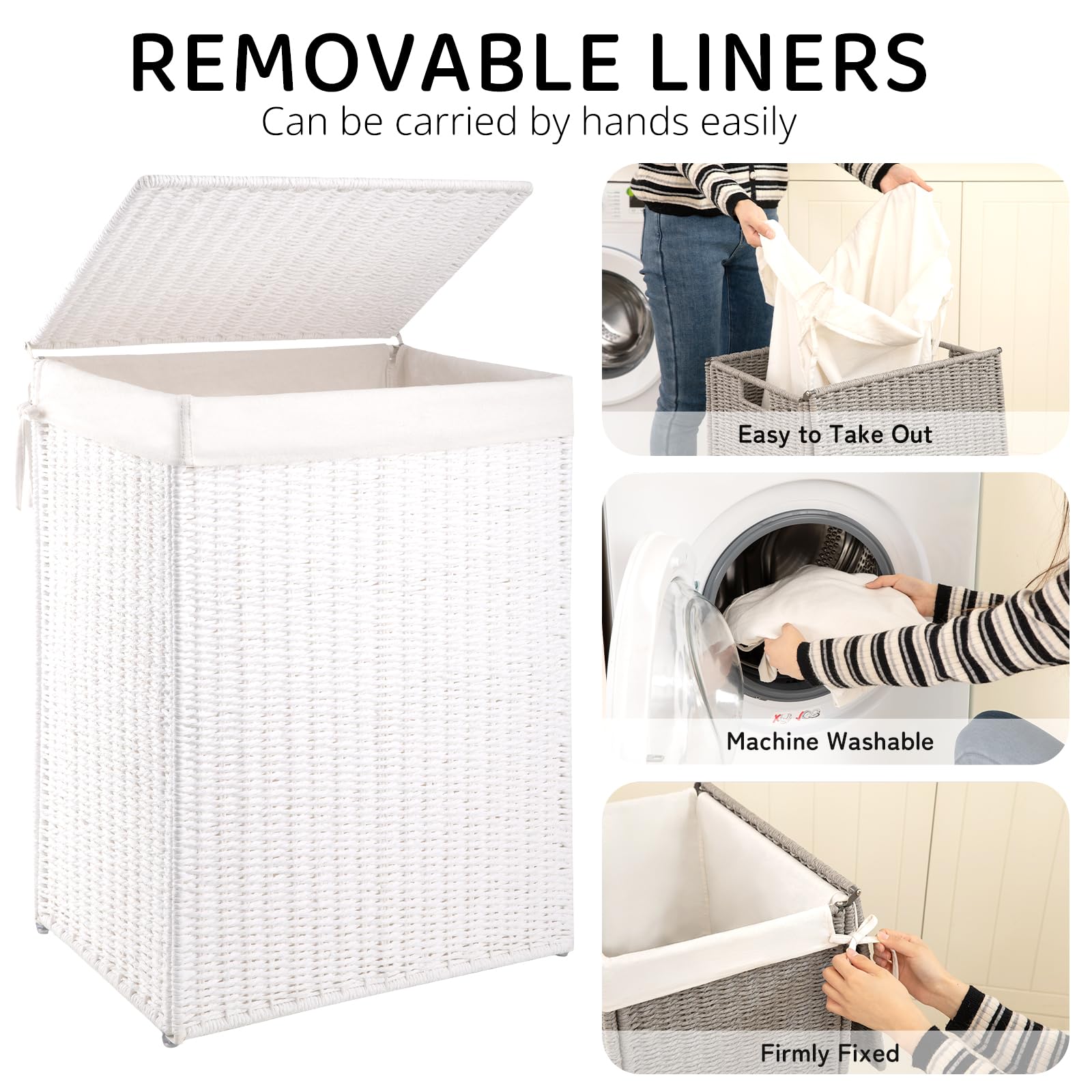 OIAHOMY Laundry Hamper with Lid, 23.8 Gal (90L) Wicker Hamper with Removable Liner Bags, Handwoven Clothes Hamper with Handles, Foldable Woven Paper Rope Hamper for Laundry Room, Bedroom-White