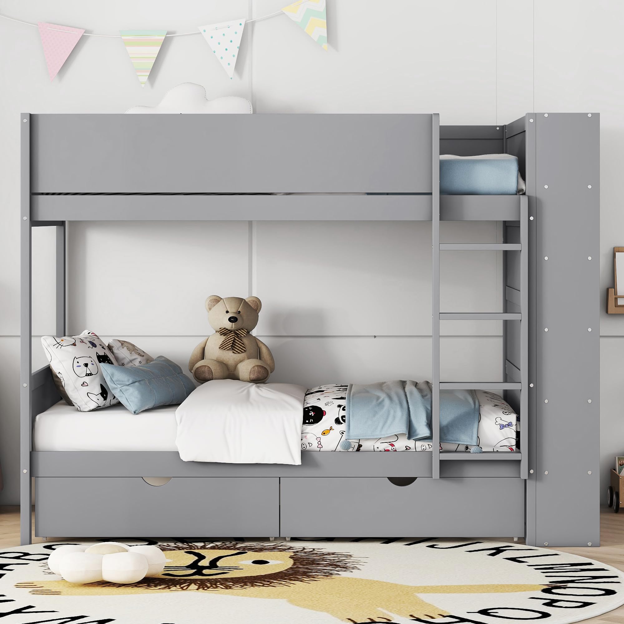 KTATK Twin Over Twin Bunk Bed with 2 Storage Drawers and Multi-Layer Cabinet,Bedroom Solid Wooden Bed Frame W/Ladder,Security Guardrail,Headboard & Footboard,for Kids Teens Boys Girls,Gray