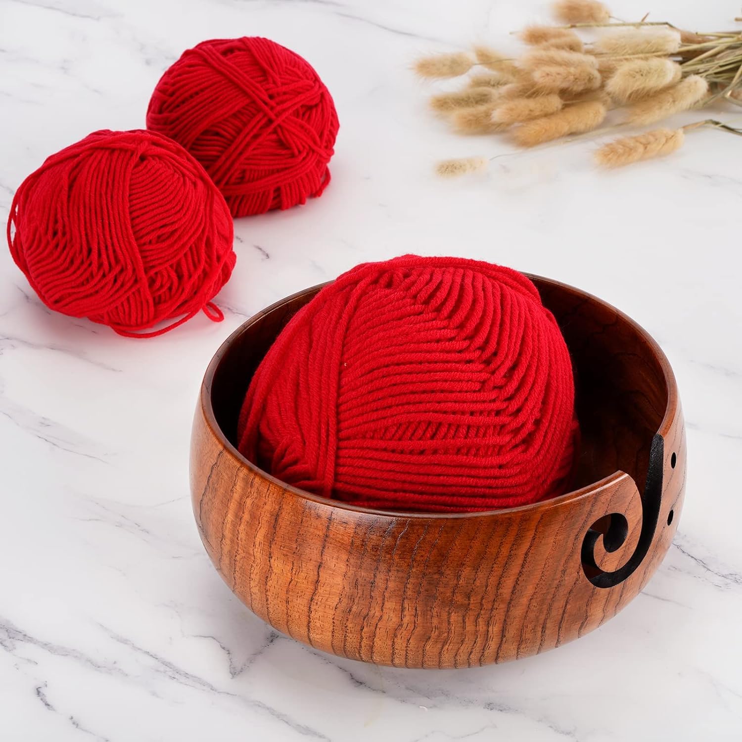 Wooden Yarn Bowl with 8Pcs Metal Crochet Hooks, Knitting Yarn Bowl with Holes Storage Handmade to Prevent Slipping, Perfect Yarn Holder Bowl for Crocheting and Knitting Mother's Day Gift 6" x 3"