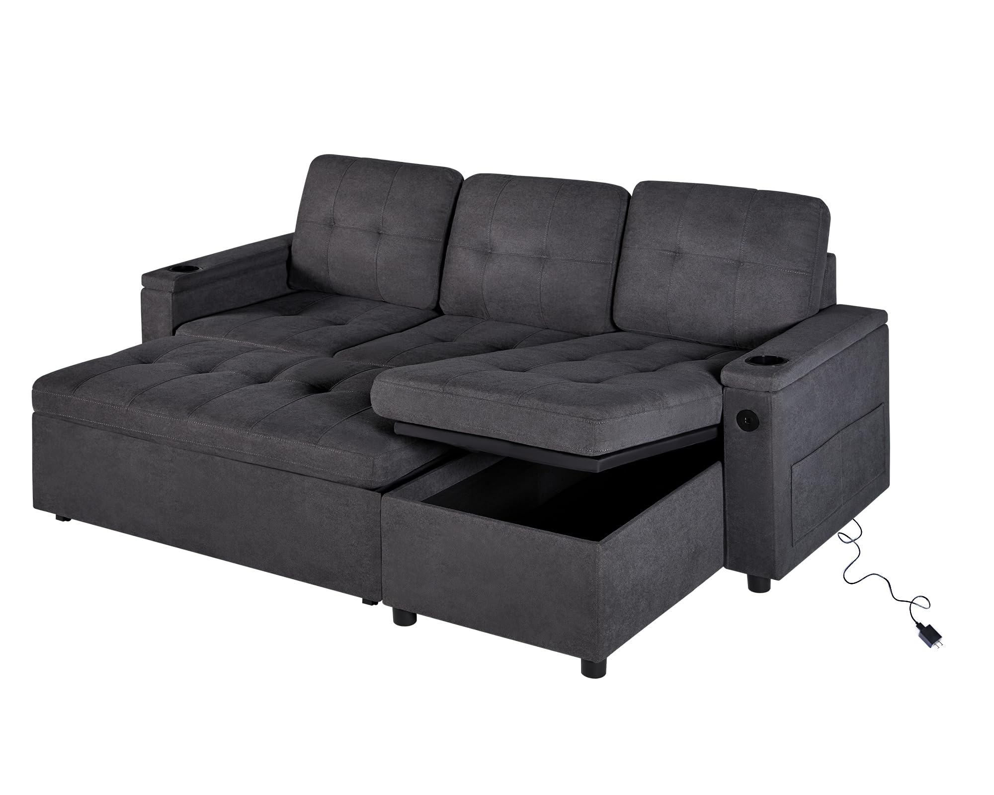 VanAcc Sleeper Sofa, Pull Out Couch Bed with USB Charging Port & Cup Holders, L-Shaped Sectional Couch with Storage Chaise, Comfy Couch for Living Room (Dark Grey)