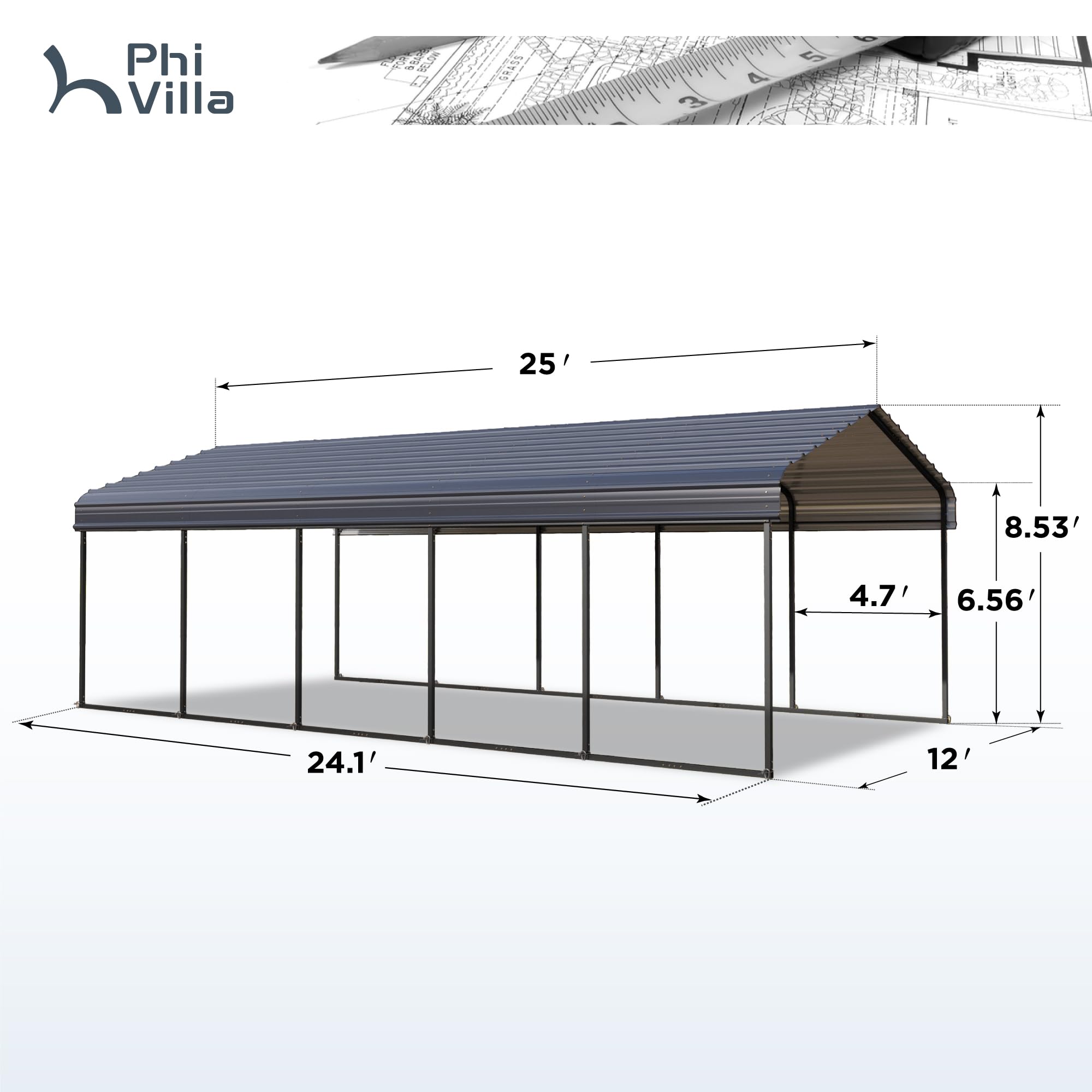 PHI VILLA Outdoor Carport Canopy 12' x 25', Metal Carport Tent Heavy Duty, Garage Car Shelter Shade with Metal Roof, Frame and Bolts for Car, Truck and Boat