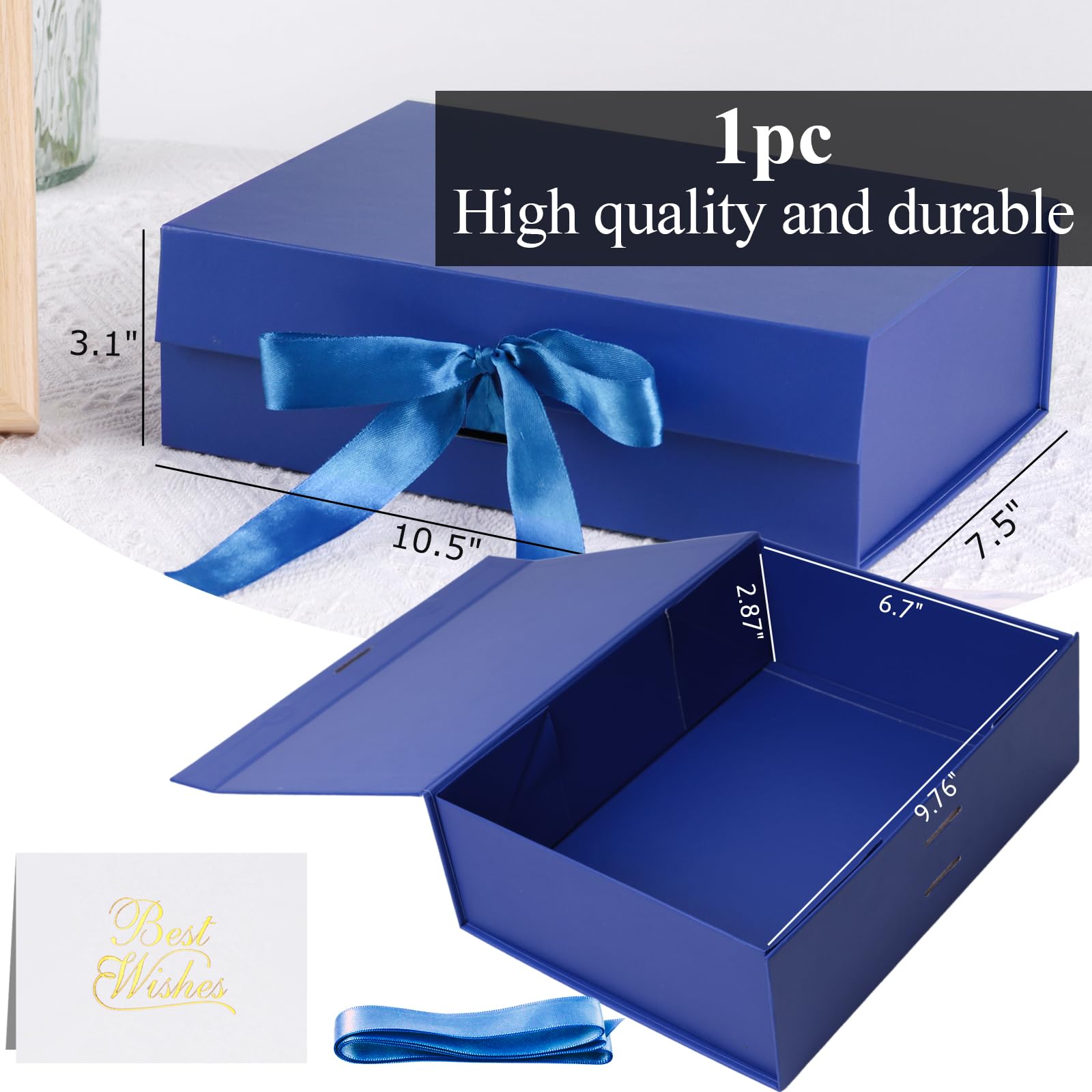 JOHOUSE Blue Gift Box,10.5x7.5x3.1 inches Gift Box For Presents With Lids, Blue Magnetic Closure Collapsible Gift Box with Ribbon Card Envelope for Birthday Wedding Presents