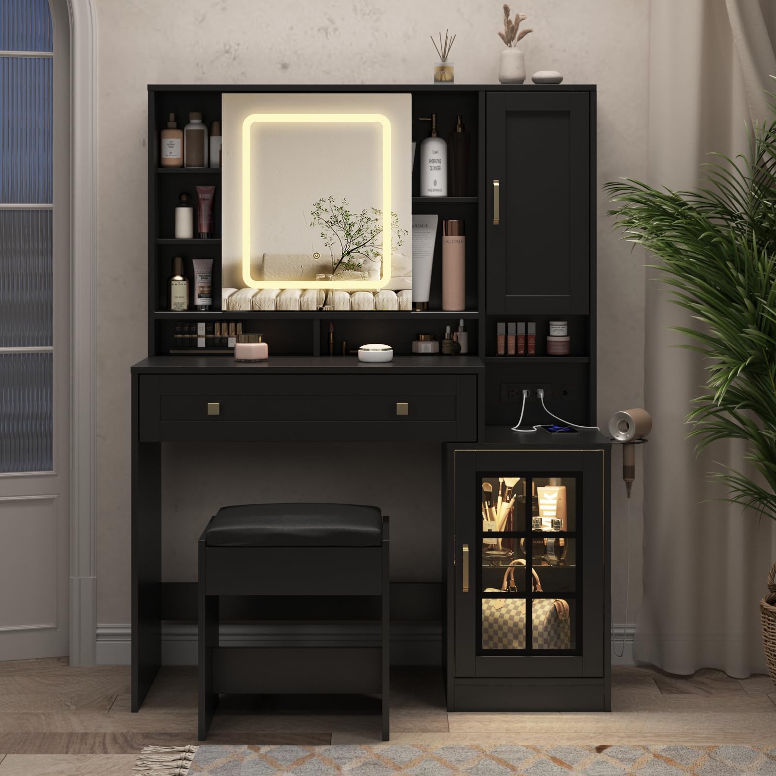 Vabches Vanity Desk with Sliding Mirror and Lights, 41.8'' Black Makeup Vanity Table with Jewelry Storage & Charging Station, Stool, Large Drawer, Visual Cabinet, 3 Lighting Modes, Adjustable Shelves