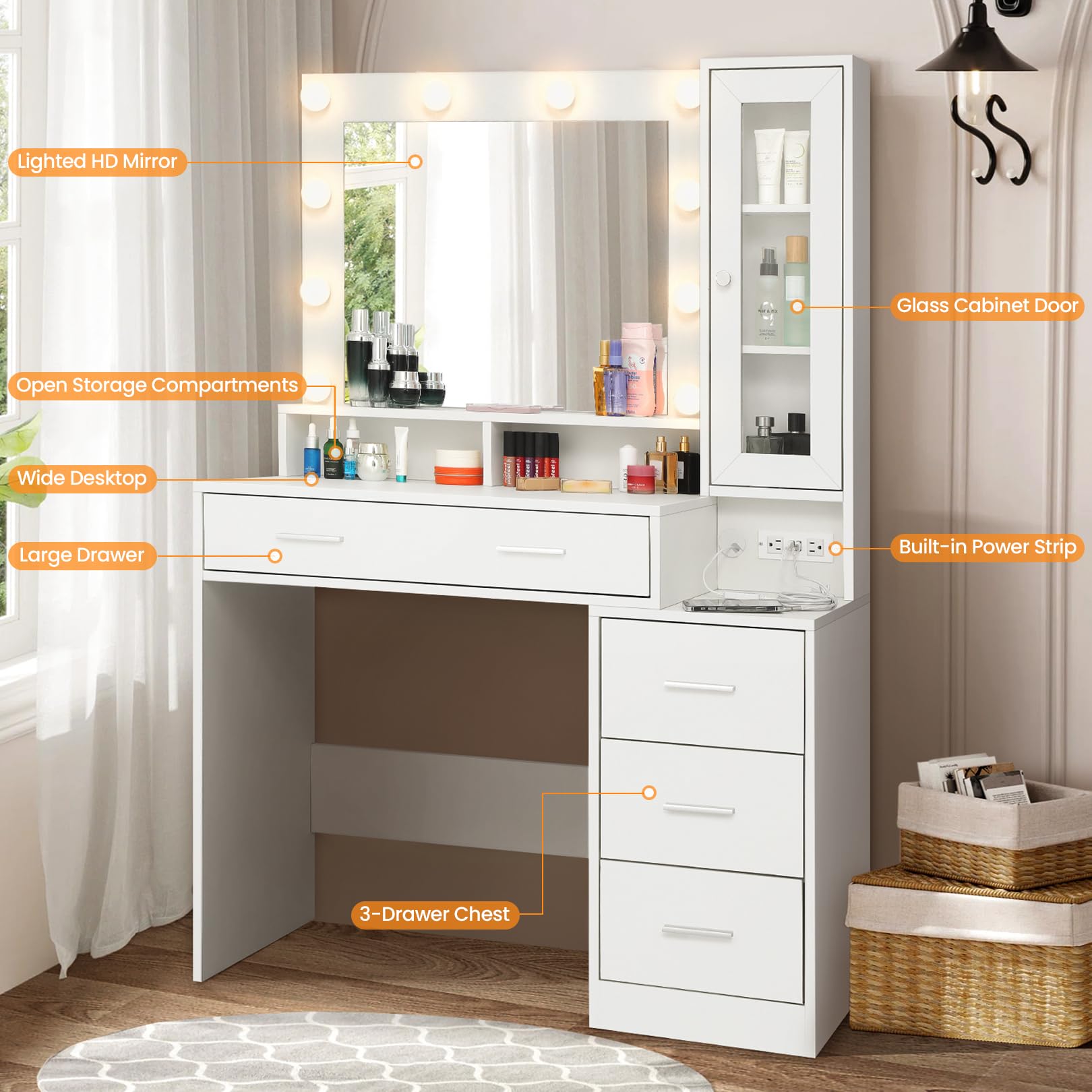 elifine Makeup Vanity Desk with Mirror and Lights, Modern Dressing Table Makeup Vanity Makeup Table with Drawer & 3 Lighting Modes for Women Girls (White with Charging Station)