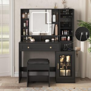 vabches vanity desk with sliding mirror and lights, 41.8'' black makeup vanity table with jewelry storage & charging station, stool, large drawer, visual cabinet, 3 lighting modes, adjustable shelves