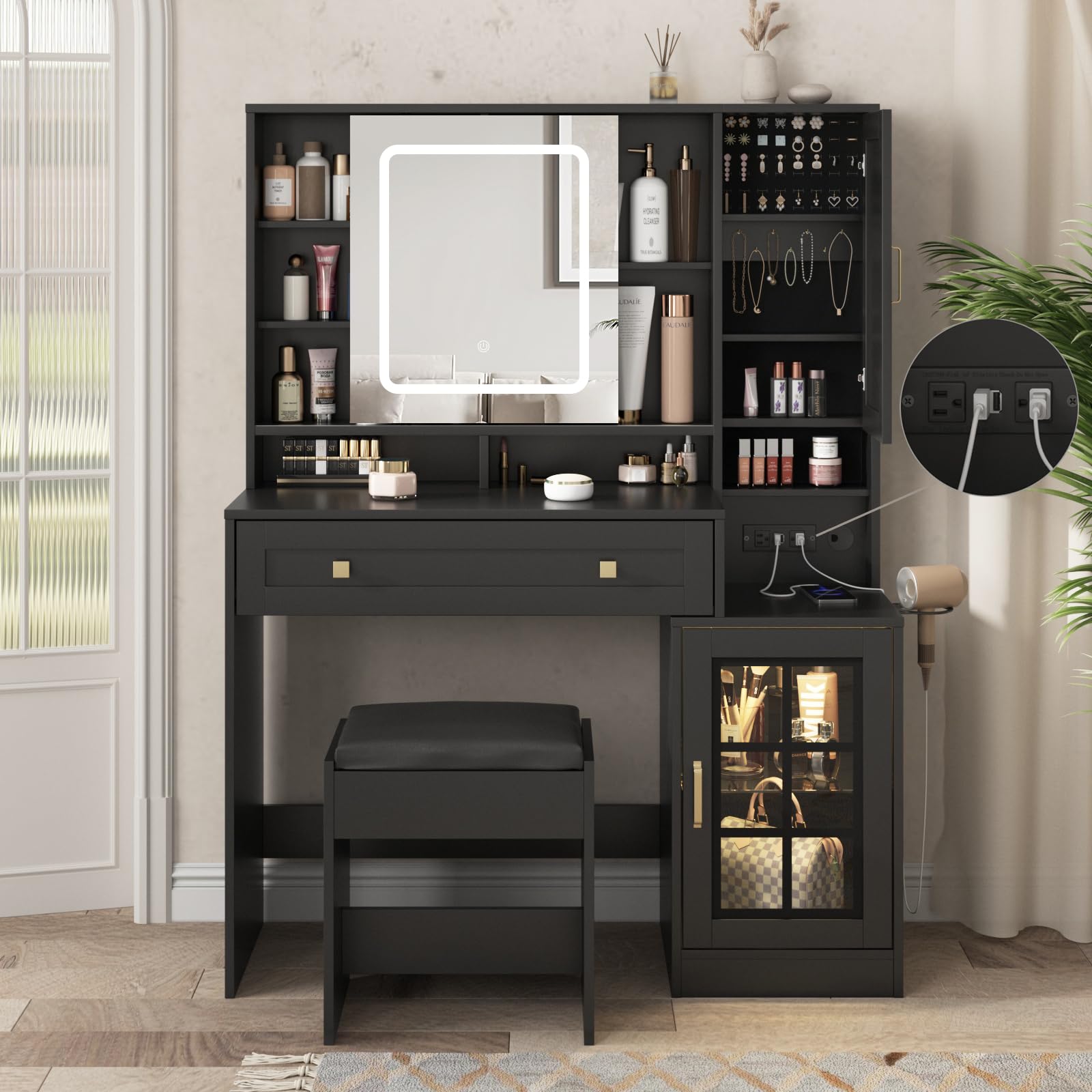 Vabches Vanity Desk with Sliding Mirror and Lights, 41.8'' Black Makeup Vanity Table with Jewelry Storage & Charging Station, Stool, Large Drawer, Visual Cabinet, 3 Lighting Modes, Adjustable Shelves