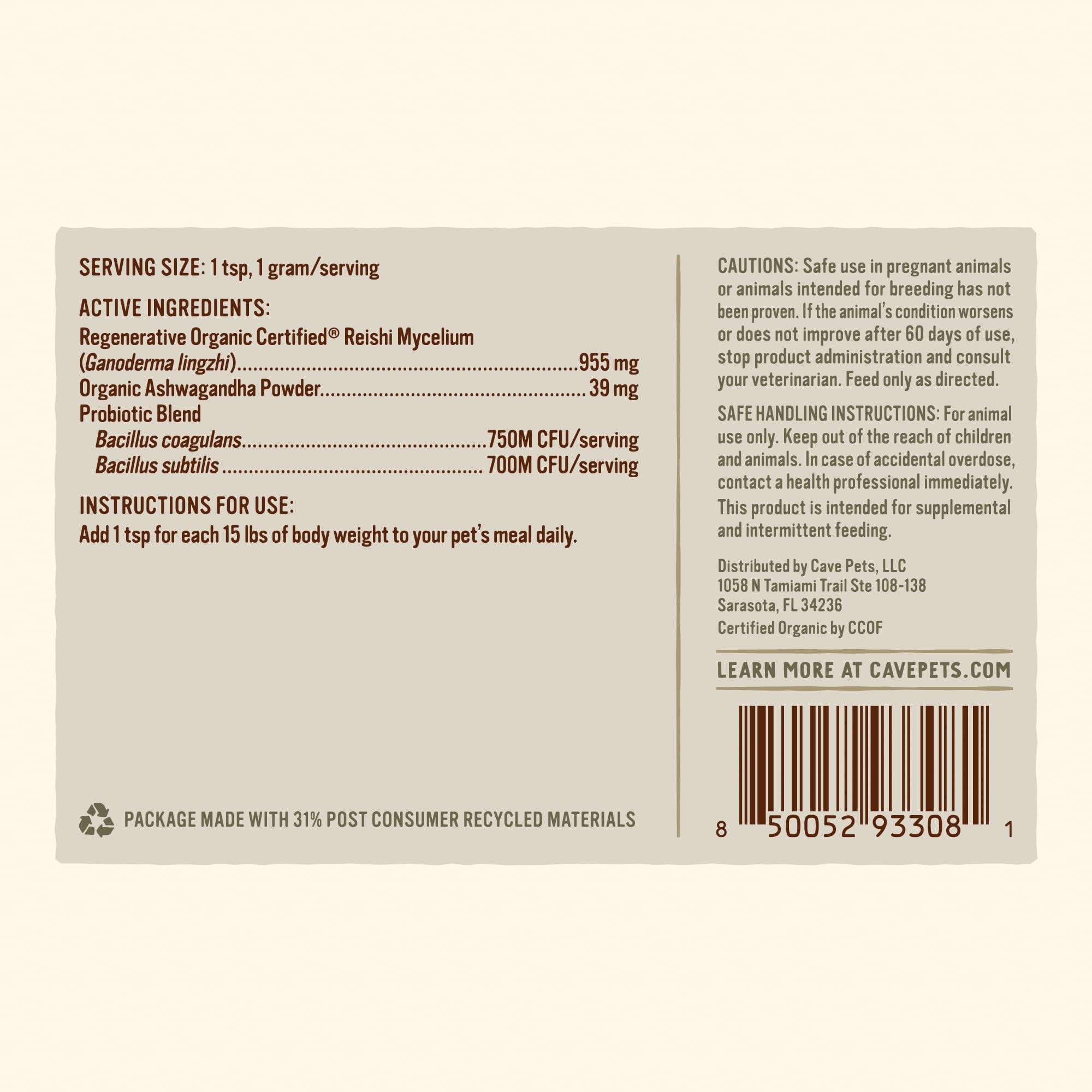 Cave Pets, Super Blend Powder, Mushroom Mycelium and Dog Probiotic Supplement for Immunity and Digestive Health Support, Reishi & Probiotics, 90 Servings