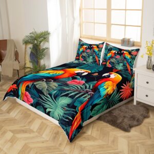 Manfei Tropical Birds Bedding Set Twin Size 2 Pcs,Jungle Parrot Bird Wild Animal Duvet Cover for Kids Teens Bed Comforter Cover Set,Green Palm Leaves Nature Botanical Bedding Quilt Cover Set