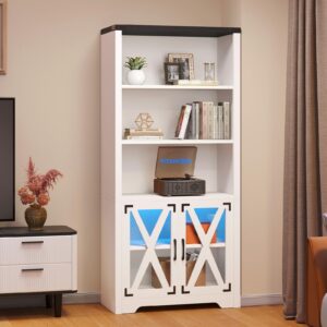 YITAHOME Bookcase with Doors&LED Light, White Bookshelf with Storage Cabinet, Wooden Farmhouse Bookshelves for Living Room/Bedroom/Dining Room/Bathroom