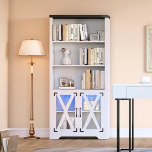 YITAHOME Bookcase with Doors&LED Light, White Bookshelf with Storage Cabinet, Wooden Farmhouse Bookshelves for Living Room/Bedroom/Dining Room/Bathroom