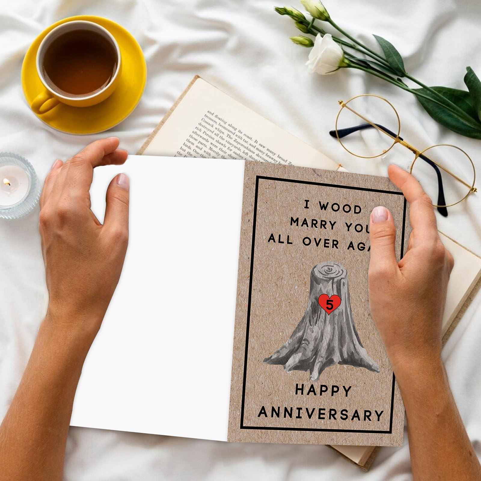 LiuuLi Happy 5th Anniversary Card for Women Men, 5th Wedding Anniversary Wood Card for Him Her,Fifth Anniversary Card for Boyfriend, 5 Years Married Gift for Husband