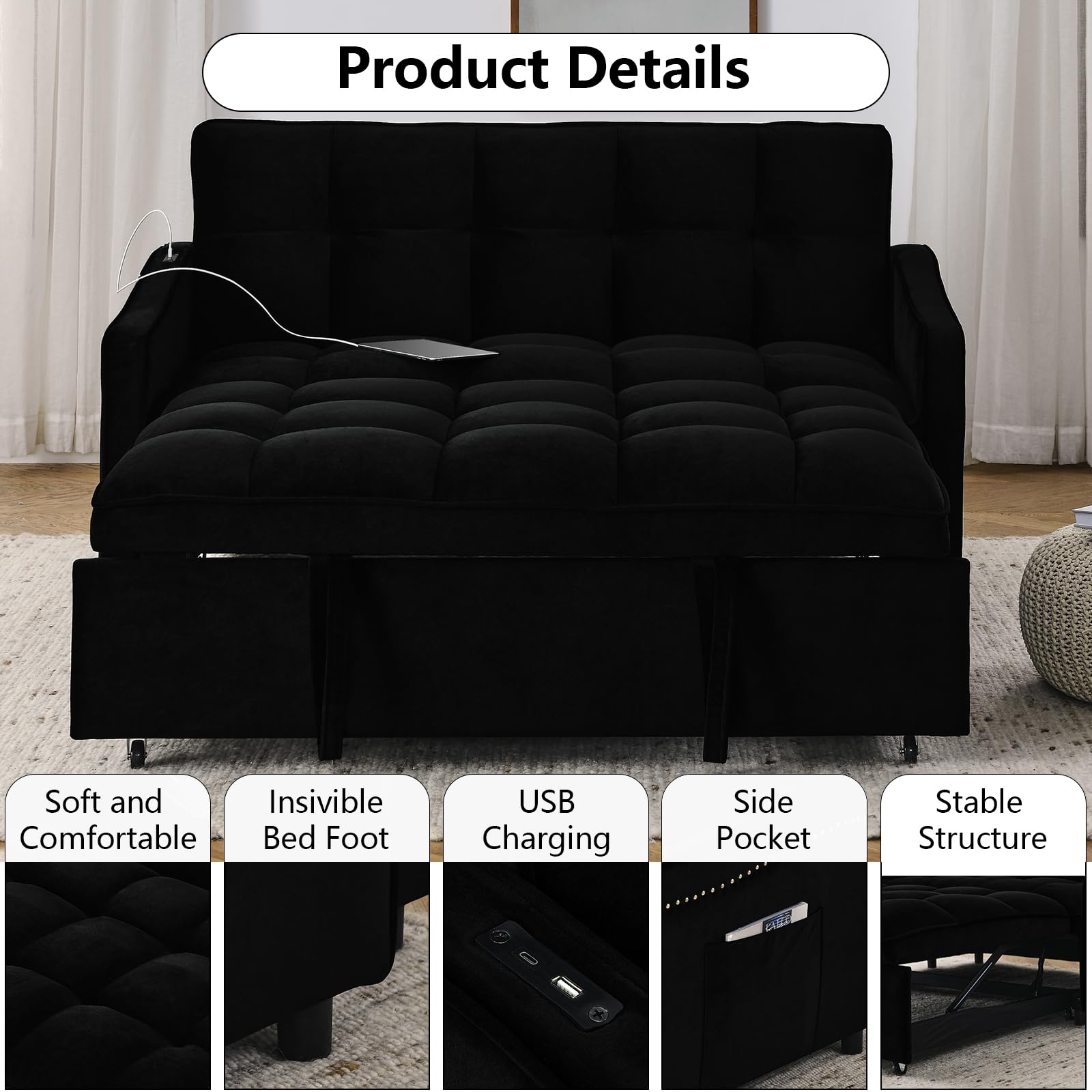 Keainvren Sleeper Sofa with Pocket Velvet Pull Out Sofa Bed with USB Charging Convertible Sofa Adjustable Backrest Loveseat Sofa Couch for Living Room, Office,Small Space (Black 5)