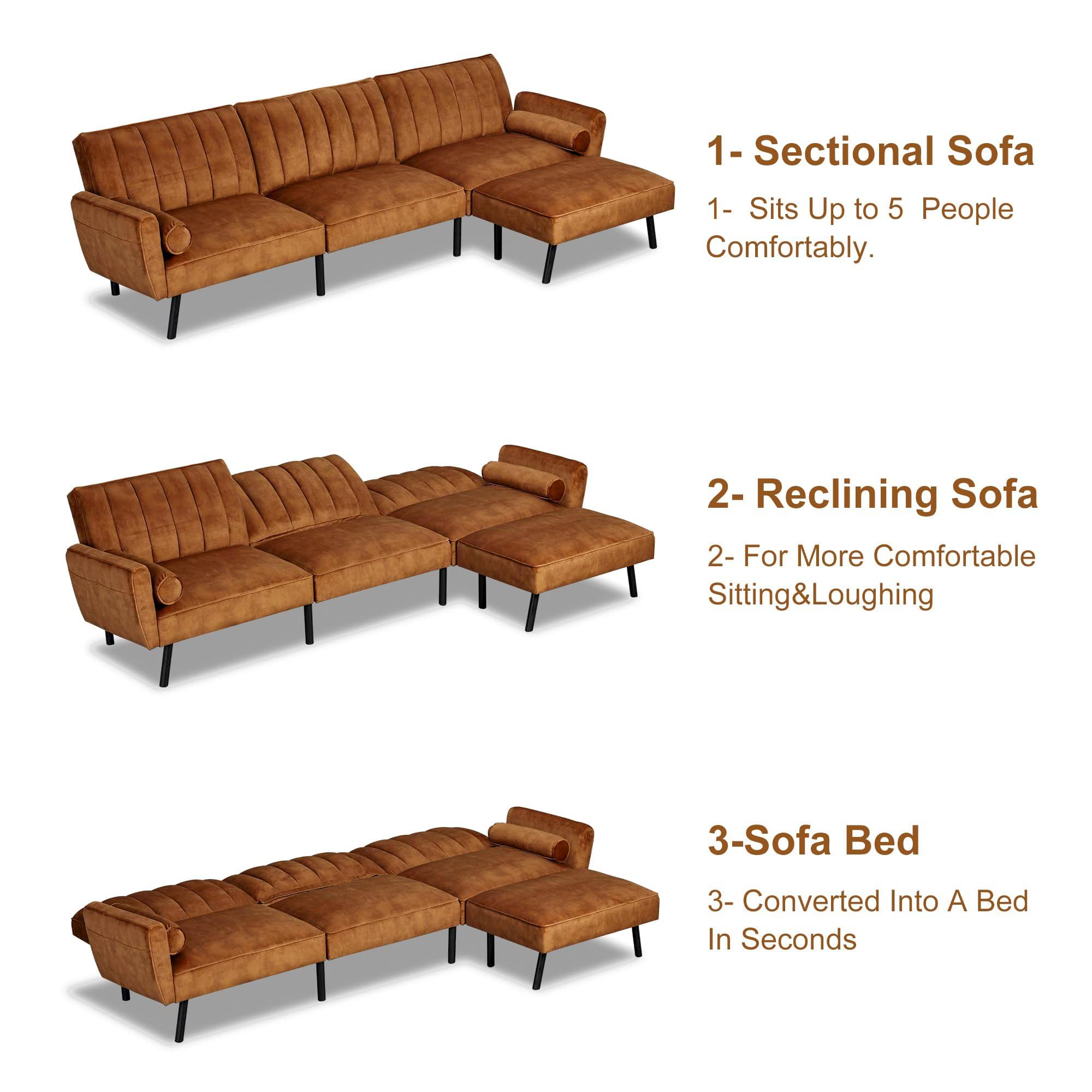 DURASPACE Velvet Sectional Convertible Sofa with Chaise, 106.5" L Shape Sectional Sofa Couch with USB, Split Back Folding Futon Couch for Living Room (Caramel Brown)