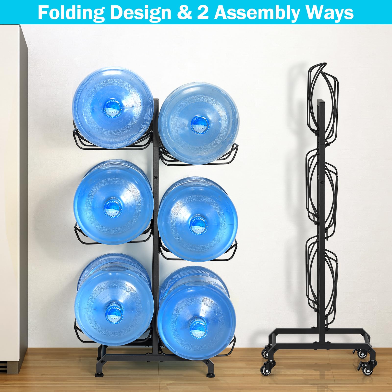 5 Gallon Water Jug Holder 3 Tier Water Bottle Holder Organizer with Wheels Foldable Heavy Duty Water Bottle Storage Rack for Home Office, Garage, Black