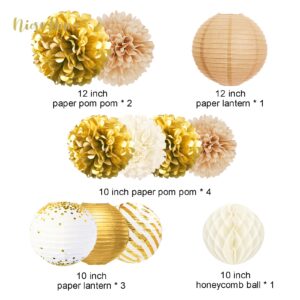 NICROHOME Wedding Decorations, 12 PCS Gold White Party Tissue Pom Poms Paper Lanterns and Confetti 50G Set for Bridal Shower Wedding Decoration Birthday Festival Celebration Deco