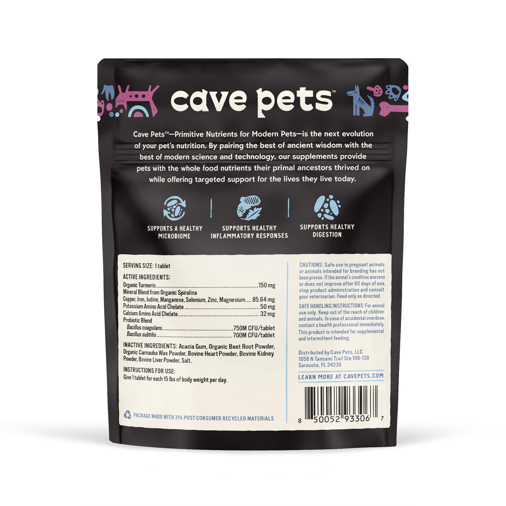 Cave Pets, Super Chomp Tablets, Dog Probiotic Supplement for Digestive Health and Microbiome Support, Multi-Glandular & Turmeric, 60 Tablets