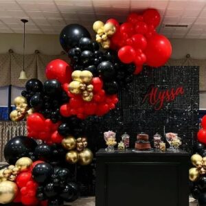 MEBAY Black Gold Red Balloons Garland Arch Kit, 141Pcs Latex Balloons Different Sizes 18 12 10 5 Inch for Party Decorations, Wedding Backdrop, Birthday, Baby Shower, Graduation