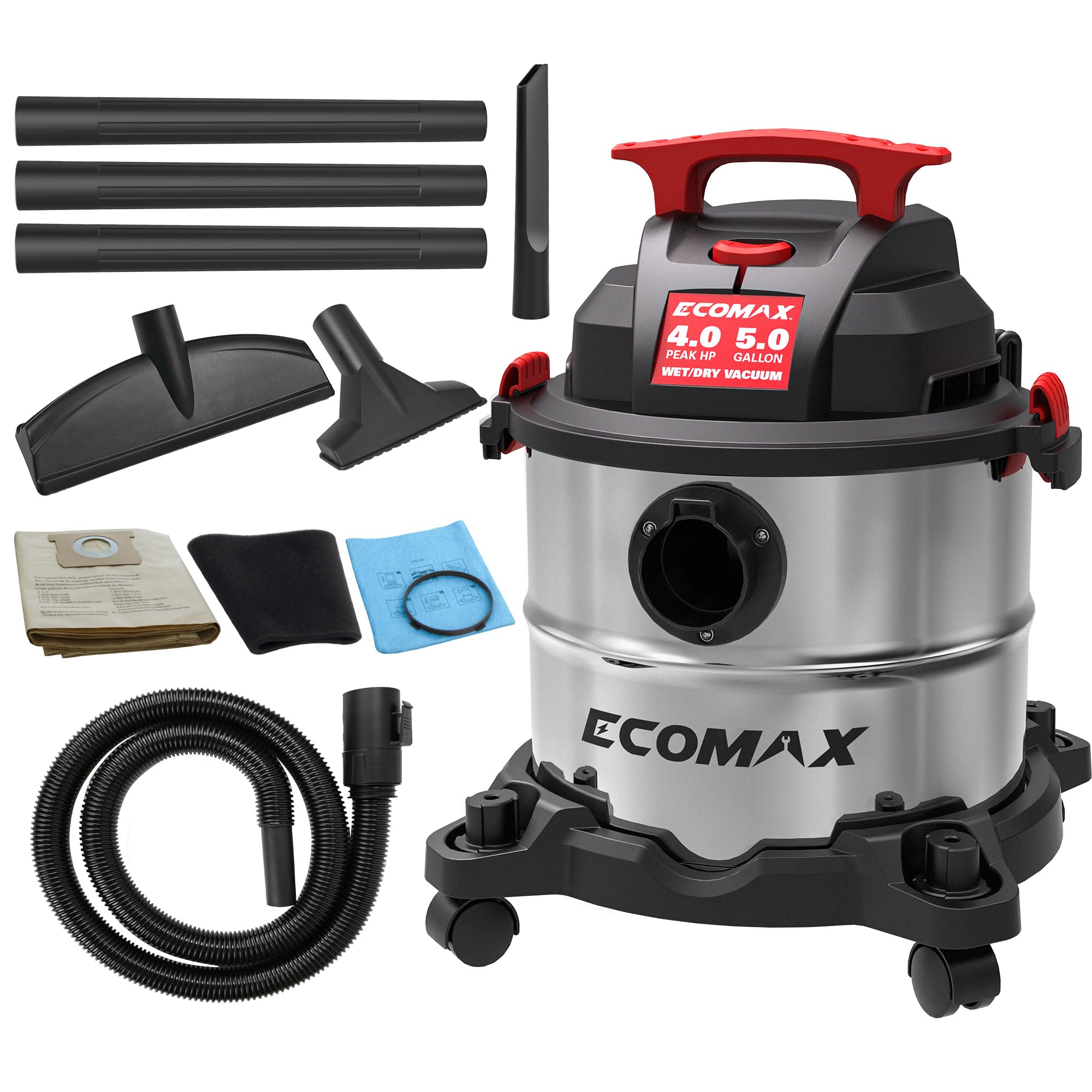 ECOMAX Wet Dry Vac 5 Gallon, 4 Peak HP, Portable Stainless Steel Shop Vacuum Wet/Dry with Powerful Suction-85 CFM, 3-in-1 Wet/Dry/Blow, Shop Vacuum for Home, Workshop, Jobsite, EM18115