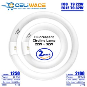 Celiwace FC8T9 22W and FC12T9 32W Set, 8 inch T9 22 Watts Circular Light Bulbs, 12 inch 32 Watts Circline Fluorescent Bulb CRI 80, Daylight 6500K, 3350 Lumen G10q