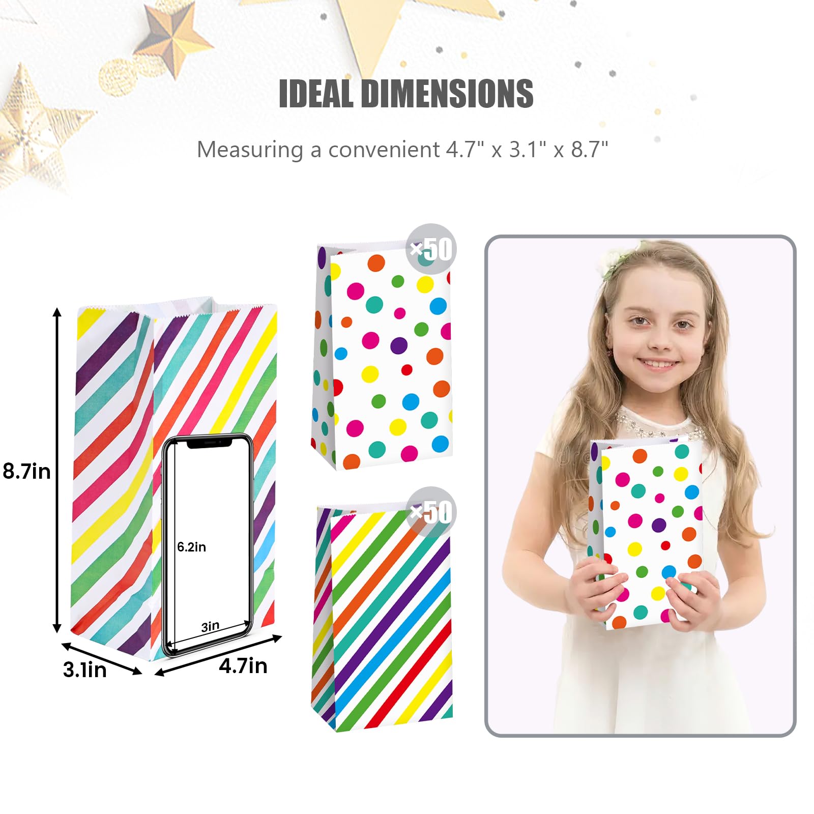 JOHOUSE 100PCS Party Favor Bags, Treat Bags with Stickers Colorful Stripe Dot Gift Bags for Kids Birthday Party Baby Showers 4.7" x 3.1" x 8.7"