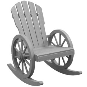 outsunny wooden rocking chair, adirondack rocker chair w/slatted design and oversized back, outdoor rocking chair with wagon wheel armrest for porch, poolside, and garden, gray