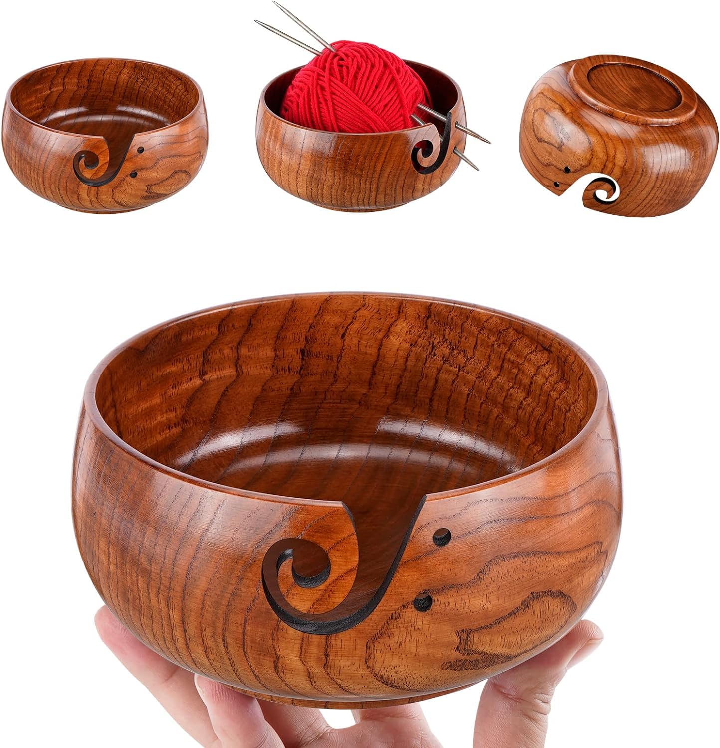 Wooden Yarn Bowl with 8Pcs Metal Crochet Hooks, Knitting Yarn Bowl with Holes Storage Handmade to Prevent Slipping, Perfect Yarn Holder Bowl for Crocheting and Knitting Mother's Day Gift 6" x 3"