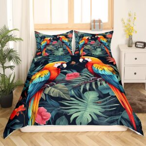 Manfei Tropical Birds Bedding Set Twin Size 2 Pcs,Jungle Parrot Bird Wild Animal Duvet Cover for Kids Teens Bed Comforter Cover Set,Green Palm Leaves Nature Botanical Bedding Quilt Cover Set