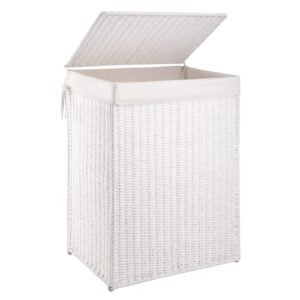 oiahomy laundry hamper with lid, 23.8 gal (90l) wicker hamper with removable liner bags, handwoven clothes hamper with handles, foldable woven paper rope hamper for laundry room, bedroom-white