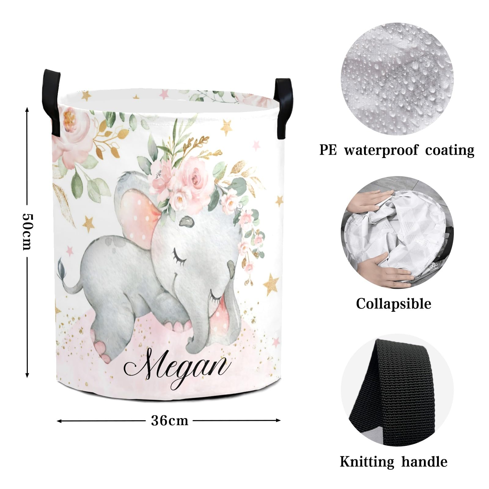 Pink Sweet Floral Elephant Personalized Laundry Basket Custom Name Collapsible Waterproof Laundry Hamper Clothes with Handle for Bedroom Bathroom Nursery Decor