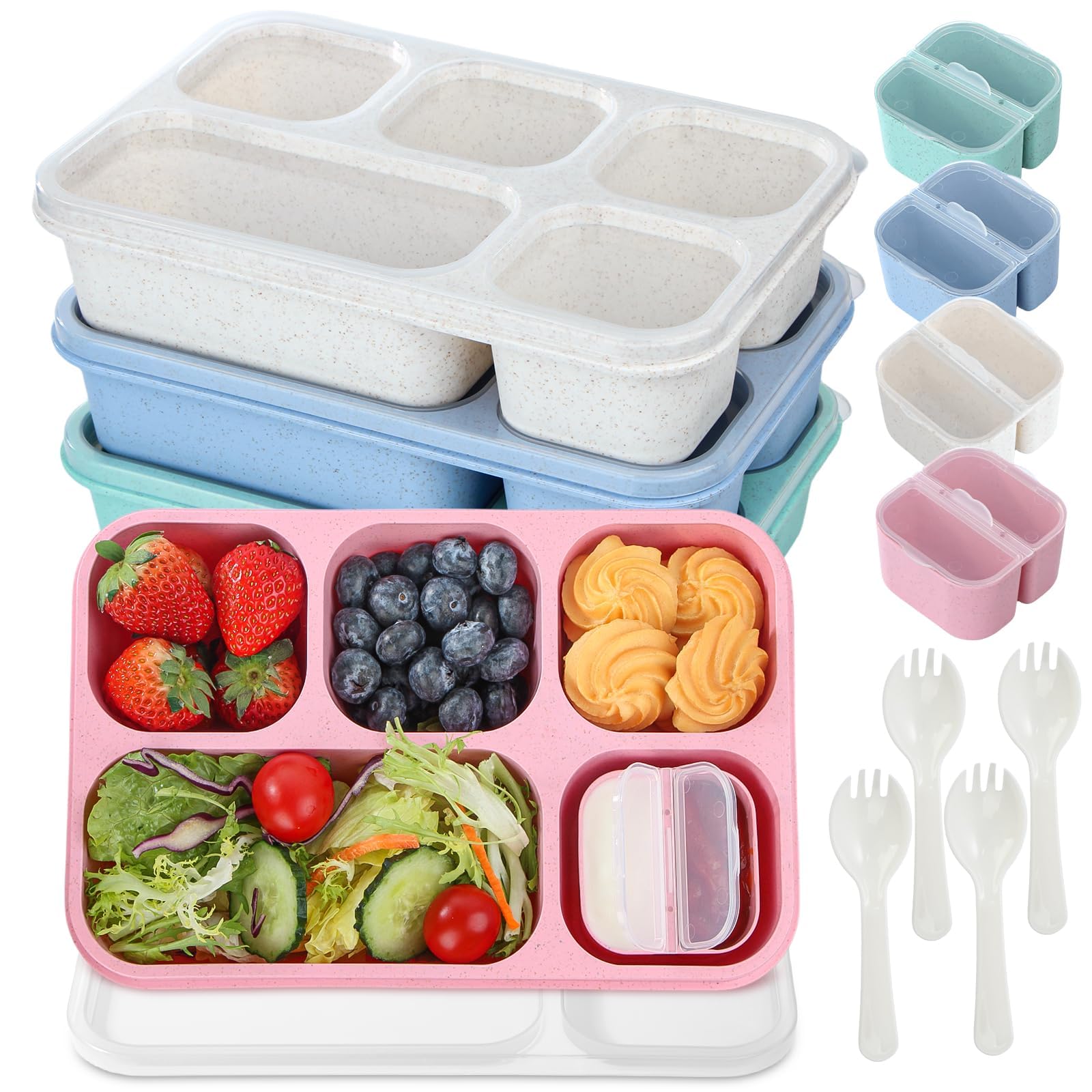 Lunbxx Snack Box Containers for Adults，4 Pack Bento Lunch Box for Adult & Kids, 5 Compartment Adult Lunchable Containers with Utensils, Sauce Jar, 44 Oz/1300ML Large Size (Wheat)