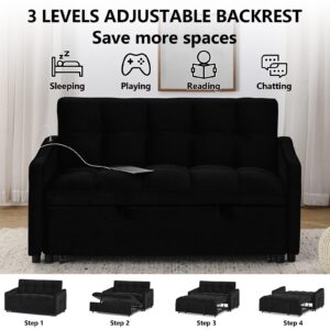 Keainvren Sleeper Sofa with Pocket Velvet Pull Out Sofa Bed with USB Charging Convertible Sofa Adjustable Backrest Loveseat Sofa Couch for Living Room, Office,Small Space (Black 5)